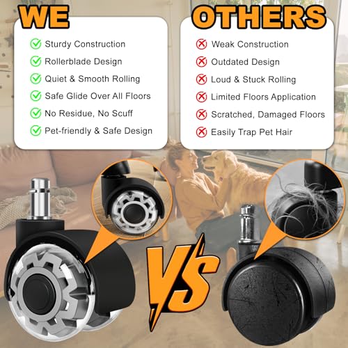 Image of Office Chair Wheels, 2 Inch Smooth & Quiet Rolling Casters Replacement, Computer Gaming Chair Casters for All Hardwood Floors & Carpet, Smooth Safe Rubber Wheels-Set of 5, Grey