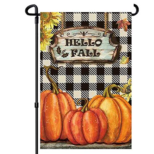 FRF Hello Fall Garden Flags - Sunflowers Pumpkin Plaid Flag Autumn 12.5 x 18 Inch - House Yard Double Sided hanksgiving Day Decoration Country Outdoor Indoor Banner