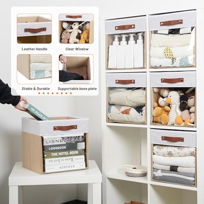 HNZIGE Fabric Cube Storage Bins 13 x 13,Clear Windows Storage Cubes, Canvas Cloth Bin, Closet Organizers and Storage for Clothes,Shelves (White&Khaki 6PCS)