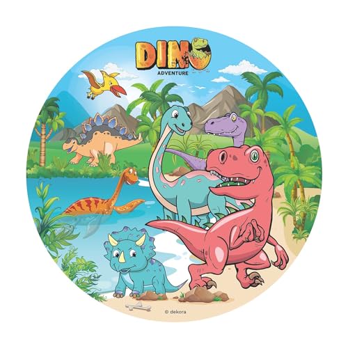 Dekora, Oblea Comestible de Dinosaurios, Decoración para Tartas de Cumpleaños Infantiles y Fiestas Temáticas, Cake Topper Redondo 20 CM