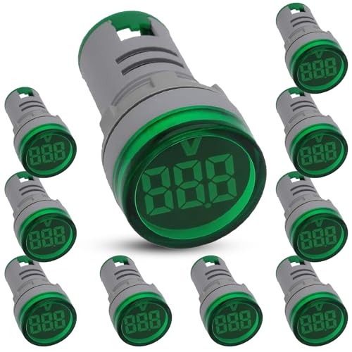Led Voltage Indicator 22 mm – Digital Voltmeter AC50-500V with led Voltage Display for Control Panels, Machines and Distribution Boxes (10 Pack Green)