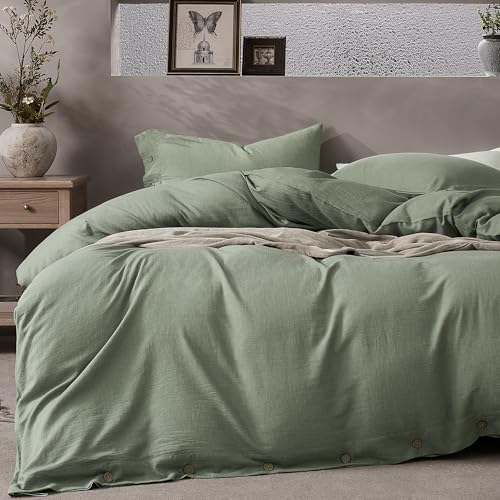 Image of JELLYMONI Cotton Duvet Cover Twin Size - Sage Green Comforter Cover with Button 100% Washed Cotton 2PCS Breathable Soft Solid Bedding Set Duvet Cover 68x90in & 1 Pillowcases (NO Comforter)