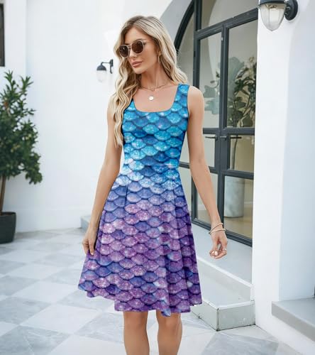 Image of uideazone Women Funny Print Sleeveless U Neck A Line Casual Midi Dress | Soft Stretchy Breathable Fabric Flared Swing Sundress Fitted Waist for Daily Wear 80 /90s Themed Party Beach Vacation Trips