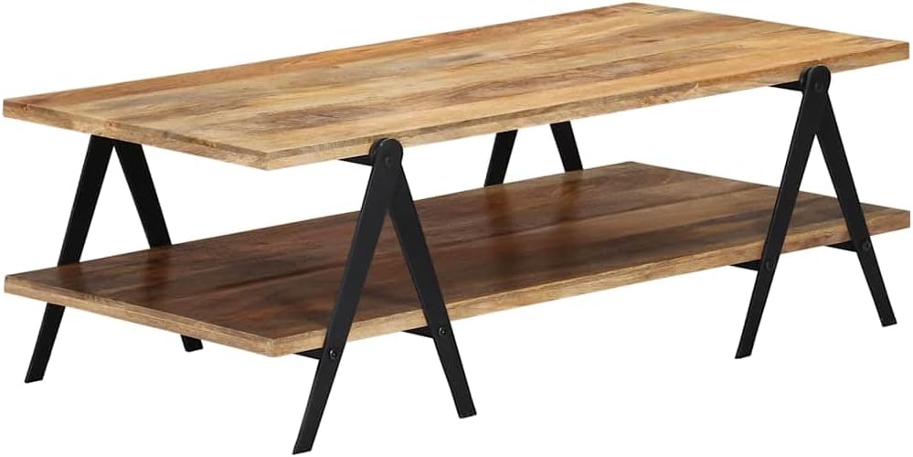 vidaXL Solid Mango Wood Coffee Table with 2 Layers, Powder-Coated Steel Legs, Polished and Lacquered - Rectangular, Industrial-Style, Brown