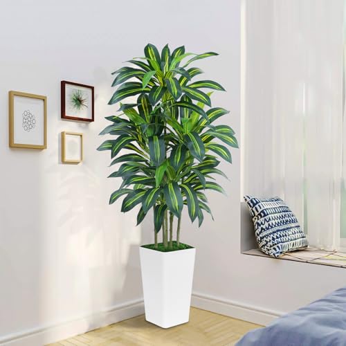 Image of 6FT Artificial Dracaena Tree - High-Density Foliage Fake Plant with White Tall Planter - Faux Yucca Floor Plant for Home Office Decor Indoor