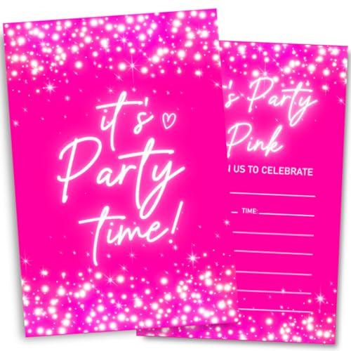 Doguiei Glitter Pink Birthday Party Invitations Party in Pink Invitations Card for Boys Girls (30 Cards & 30 Envelopes)