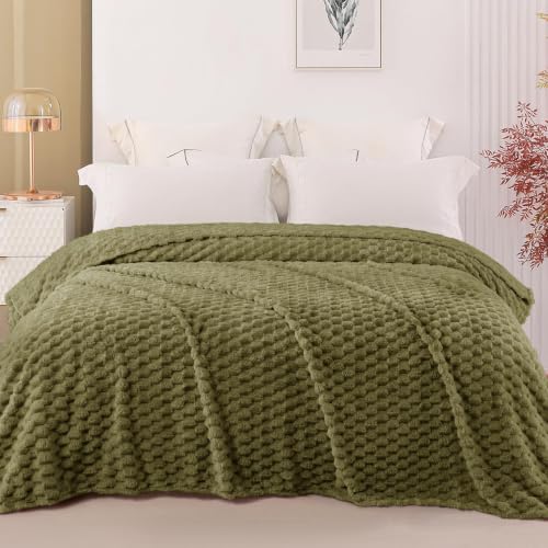 Image of Exclusivo Mezcla 3D Fleece Queen Size Blanket for Bed, Olive Green | Extra Soft Fuzzy Plush Lightweight Bed Blankets, Cozy Fluffy Decorative Blankets for All Seasons, 90x90 Inches