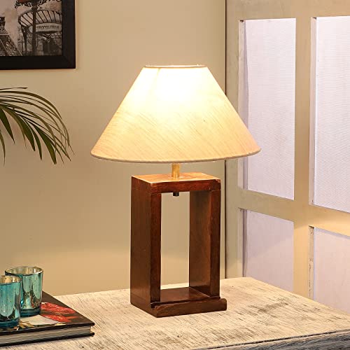 Image of tu casa Handcrafted Mango Wood Table Lamp with Pleated Off-White Cotton Fabric Shade | Elegant Bedside Night Lamp for Bedroom & Living Room