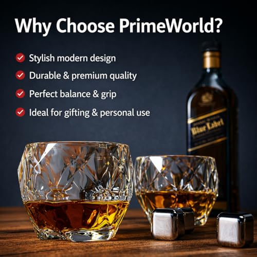 Image of PrimeWorld Stylish European Crystal Whiskey Glasses Set of 6 pcs- 300 ml Bar Glass for Drinking Bourbon, Whisky, Scotch, Cocktails, Cognac- Old Fashioned Cocktail Tumblers
