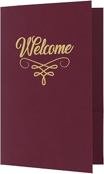 LUXPaper 6" x 9" Small Welcome Folders | Two Pocket | Burgundy Linen | Gold Foil Flourish | 110lb. Cover | 25 Qty