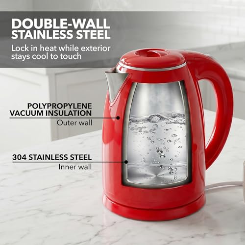 Image of OVENTE 1.7L Double Wall Electric Tea Kettle, 1100W Power, Red KD64R | Water Boiler with Cool-Touch Exterior, Stainless Steel Interior, Auto Shut-Off, Boil-Dry Protection & Locking Lid, Easy Clean