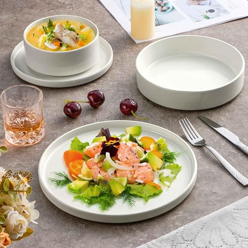 Herogo Dinnerware Sets with Pasta Bowls, 16 Piece Plates and Bowls Set for 4, Stoneware Dinner Dishes for Kitchen Dining, Dishwasher & Microwave Safe, Speckled White - Thumbnail 3