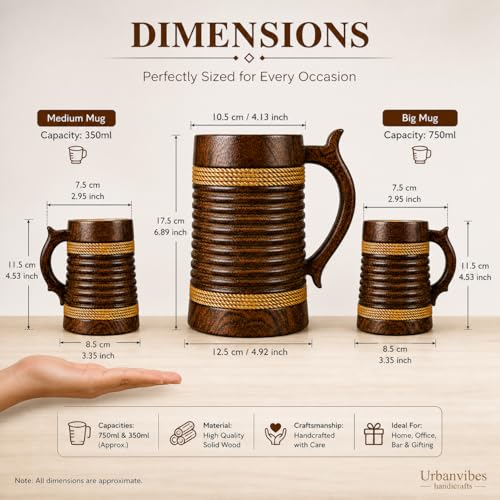 Image of Wooden Beer Bar Combo Set | Barrel Shaped Jumbo Mug | 2 Small Beer Mug 350ML (5 x 4 inches Each) & 1 Large Beer Jug 750ML | Ring Groves