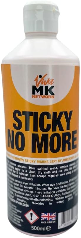 Sticky No More Sticky Label Remover - Effectively removes marks left by adhesives & labels. Also perfect for removing stickers from painted wood, kitchen utensils, glass & ceramics. 500ml.