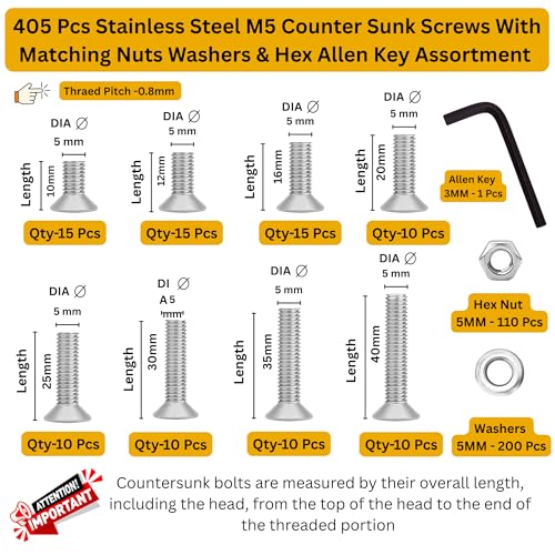 Image of Epi-Torque Stainless Steel 202 Grade Flat Head Internal Hex M5 Counter Sunk Full Thread Nuts & Bolts Assortment with Matching Hex Nuts, Flat Washer & Allen Keys Pack of 405 Pcs