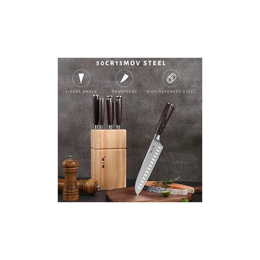 Chef Knife Set with Block, 7 Pieces Kitchen Knife Set Included Santoku Serrated Utility Bread Boing Peeling Fruit Knife, Wooden Block for Meat/Vegetables/Fruits Chopping, Slicing, Dicing and Cutting