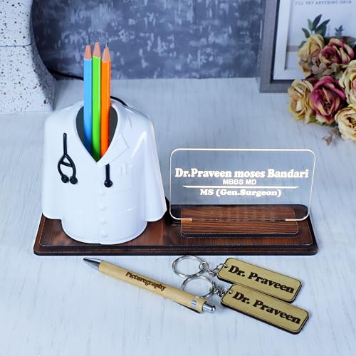 Image of Doctor Coat Pen Stand with LED Name Plate, Wooden Base, Bamboo Pen & Personalized Wooden Keyring | Customized Desk Organizer for Doctors & Medical Aspirants | Apron Shape Pencil Holder