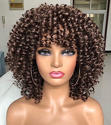 LIZZY Short Curly Afro Wigs with Bangs for Black Women African Synthetic Glueless Heat Resistant Fluffy Bomb Curly Hair Wig ( Light Brown)