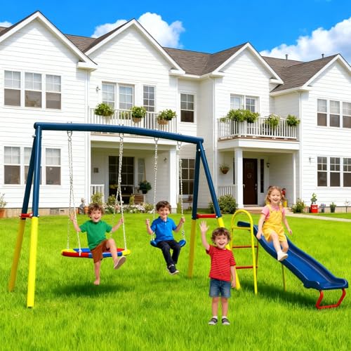 Orgibim Swing Sets for Backyard with Slide 440lbs Heavy-Duty Metal A-Frame Outdoor Kids Playset with 1 Saucer Swing 1 Belt Swing - Thumbnail 7