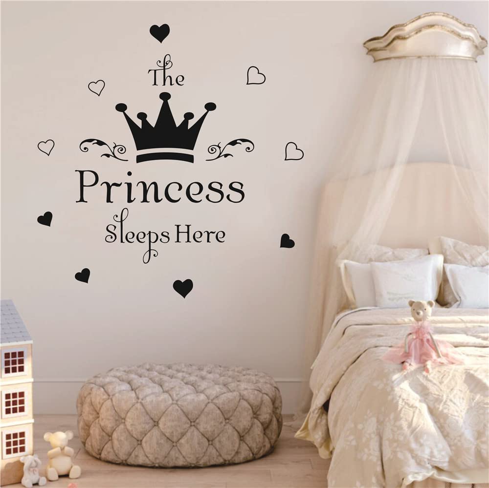 "The Princess Sleeps Here" Wall Decal Sticker - Removable Vinyl Quote With Crown & Hearts For Girls' Room, 35x35 Inch (Black) - View #14