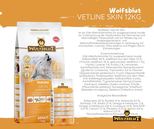 Wolfsblut Vetline Hundefutter - Skin & Coat, 12kg + 6x395g - Sparbundel, Sparpaket - inklusive Warnicks Tierfutterservice Hundesnack Goodie