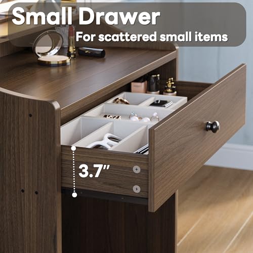 Image of LIKIMIO Small Vanity Desk with Mirror Lights and Storage Stool | Walnut compact vanity with 3 light modes, charging station, storage drawer, 3 shelves and upholstered stool
