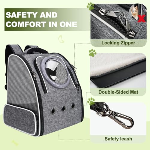 Katzenrucksack Haustier Rucksack belüftet mit Sicherheitsleine & Raumkapsel-Design - Leicht faltbar für Reisen, Outdoor & Tierarztbesuche bis 6kg (Grau)