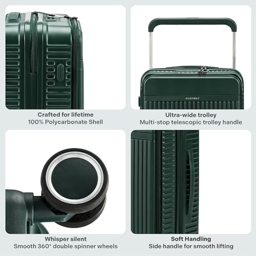 Image of THE ASSEMBLY Polycarbonate Hard-Sided Cabin Spinner Luggage-45 Litres Premium Wide Handle Trolley Bag With In-Built Tsa Lock & Usb Charging Port,55 Cm,Green