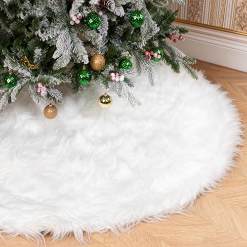 Vonhen 60 Inch White Christmas Tree Skirt - 4.5" Long Pile Faux Fur