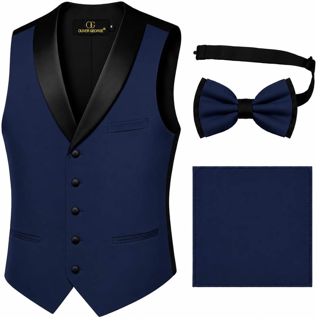 Oliver George Men’s 3pc Solid Tuxedo Suit Vest Black Shawl Lapel Waistcoat Dress Vest BowTie Handkerchief Set