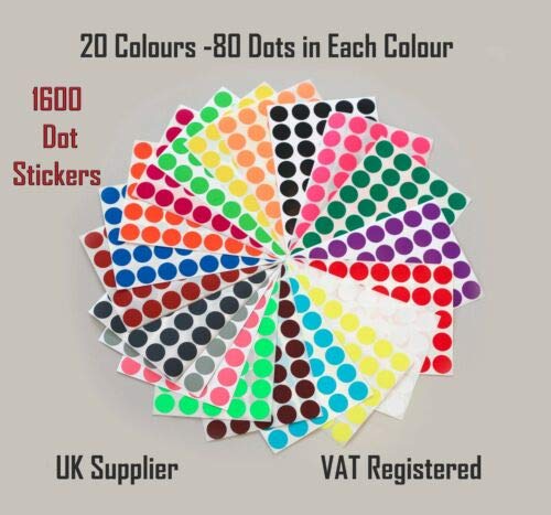 1600 Colored dot Stickers - 20 mm - Paper self Adhesive Color Coding Labels * 20 Colours*