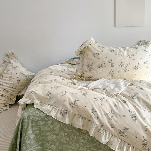 Image of MKXI Botanical Floral Duvet Cover Queen Beige Girls Ruffled Bedding Set Cottagecore Flower Comforter Cover Green Reversible Aesthetic Bed Set Cotton Elegant Style Students Duvet Cover