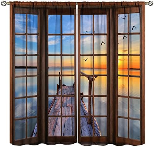 Landscape Curtains,Nature 3D Scenery View Window Treatments for Living Room, Rustic Bridge Lake Birds Curtain 2 Panels,42x45 Inch
