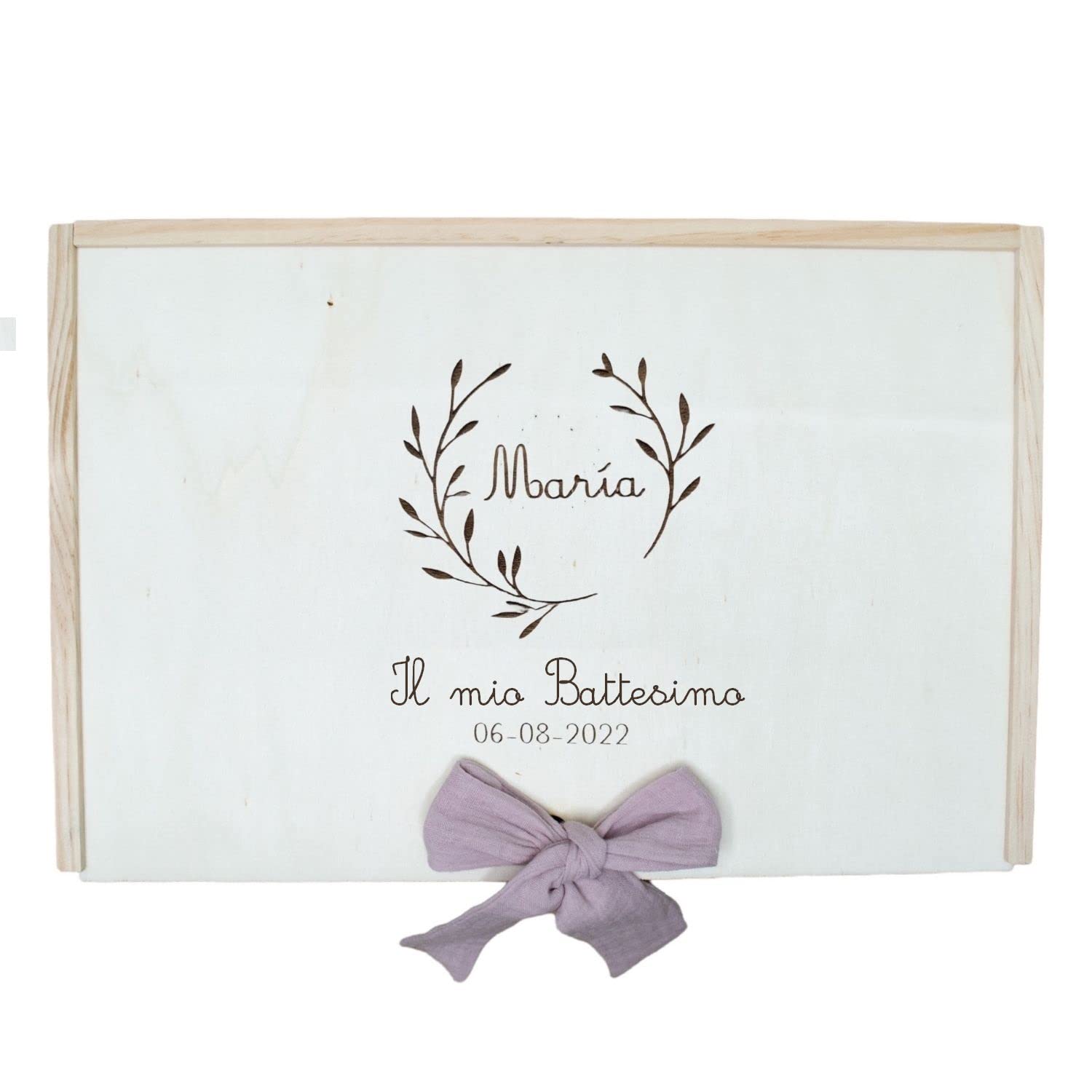Kit di lusso personalizzato per battesimo - Set de candela, panno e conchiglia ricamati - Scatola di legno lavorata con il nome e la data di battesimo - Modello Bambula (Rosa cipria)
