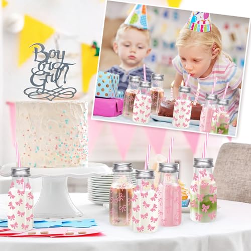 FYSUIMU 24 Pcs Pink Bow Plastic Milk Bottles with Lids Straws and Bowknot Stickers Reusable Drink Containers Beverage Juice Shot Jars for Valentine's Day Birthday Baby Shower Party Favor by FYSUIMU - Image 7
