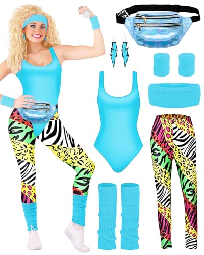 BIQIQI Disfraz Años 80 Mujer Disfraz Chándal años 80 Leotardo Legging Diadema Muñequeras Calentadores de piernas Pendientes Fanny Pack Traje de leotardo de los 80 para los años 80 y 90