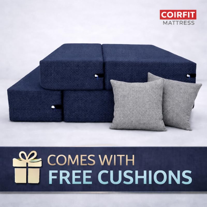 Image of Coirfit (4-in-1 Two Seater Sofa Cum Bed (1 Year Warranty) with 2 Free Cushions | Folding Sofa, Bed, Lounger, Diwan | Removable Washable Cover | Compact & Lightweight -Dark Blue 4x6 Feet