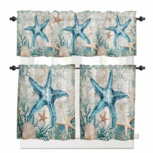 Coastal Starfish Kitchen Curtains 36 Inch Length, 3 Piece Rod Pocket Small Half Tiers and Valance Set, Ocean Coral Starfish Nautical Map Small Large Window Treatment Decor for Bedroom/Bathroom Sink