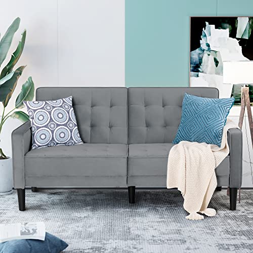 Walsunny Modern Loveseat Couch, Mid-Century Velvet Upholstered Futon Sofa Bed, Fold Up/Down Adjustable Sleeper Sofa For Living Room, Bedroom, Apartment(Grey) #TOP1