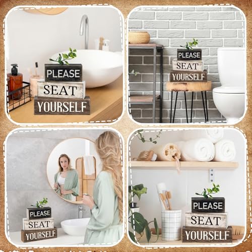 Image of Moucuny 4 Pcs Bathroom Shelf Decor Farmhouse Bathroom Decor and Accessories Please Seat Yourself Sign Rustic Eucalyptus Leaves Wood Block Sign Gift Home Table Centerpiece for Home Office