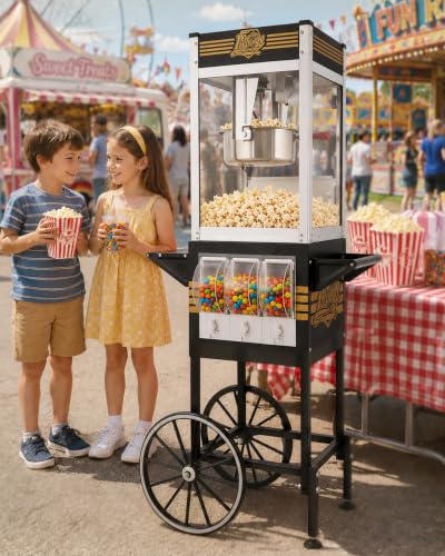 Image of 12 Oz Popcorn Machine with Candy Dispenser for Home Party Office | Black, Stainless-Steel, Vintage Commercial Popcorn Maker with Storage Cabinet, Movie Theater Style, Makes Up to 32 Cups
