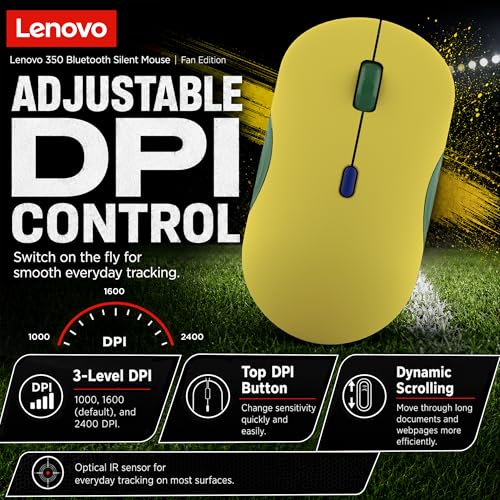 Image of Lenovo 350 Bluetooth Silent Mouse (Fan Edition), Wireless Ergonomic Ambidextrous Design, Bluetooth 5.3, Adjustable DPI up to 2400, 36 Month Battery Life, Recycled Materials, Brazil Flag