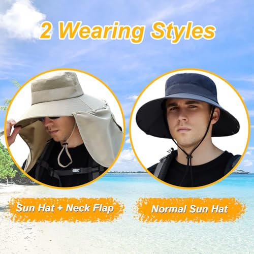 Image of Women Wide Brim Face Mask Sun Hat Detachable Neck Face Flap Ponytail UV Protection Visor Hat Garden Fishing Hiking