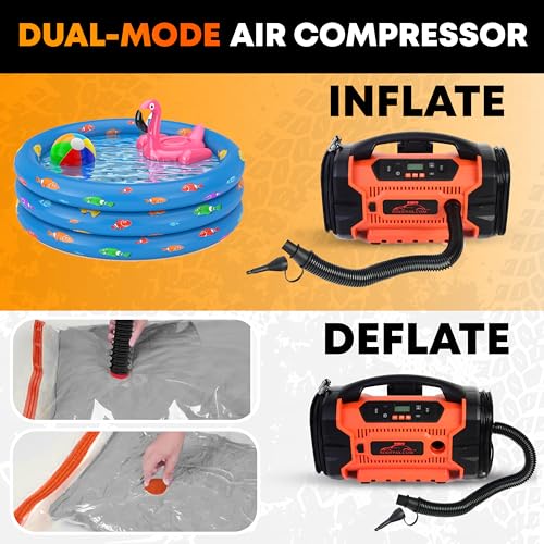 Image of RoofPax Tire Inflator Portable Air Compressor for Car Tires 3 Power Sources AC /DC & Battery Heavy Duty Inflator /Deflator Digital Car Air Pump with Pressure Gauge 12V 110 AC 160 PSI For Car RV & Truck