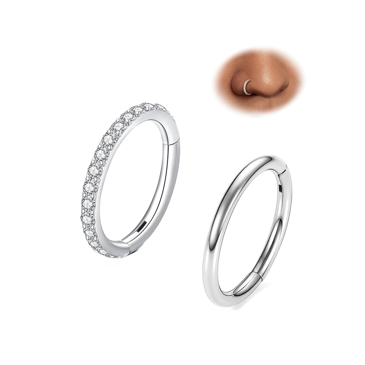 MissNity 2pcs 316L Surgical Steel Hinged Nose Rings Hoop with Clear CZ, 16G 18G 20G Clicker Hoops for Nostril Septum Carti...