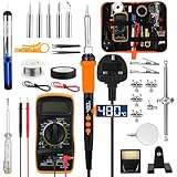 Soldering Iron Kit 90W with LCD Adjustable Temperature 180-480°C Fast Heating Ceramic Core, 19 Piece Soldering Kit with 5 Tips, Desoldering Pump, Wire, Multimeter