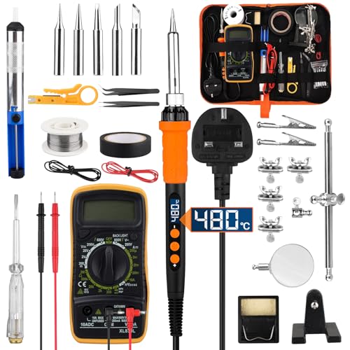 Soldering Iron Kit 90W with LCD Adjustable Temperature 180-480°C Fast Heating Ceramic Core, 19 Piece Soldering Kit with 5 Tips, Desoldering Pump, Wire, Multimeter