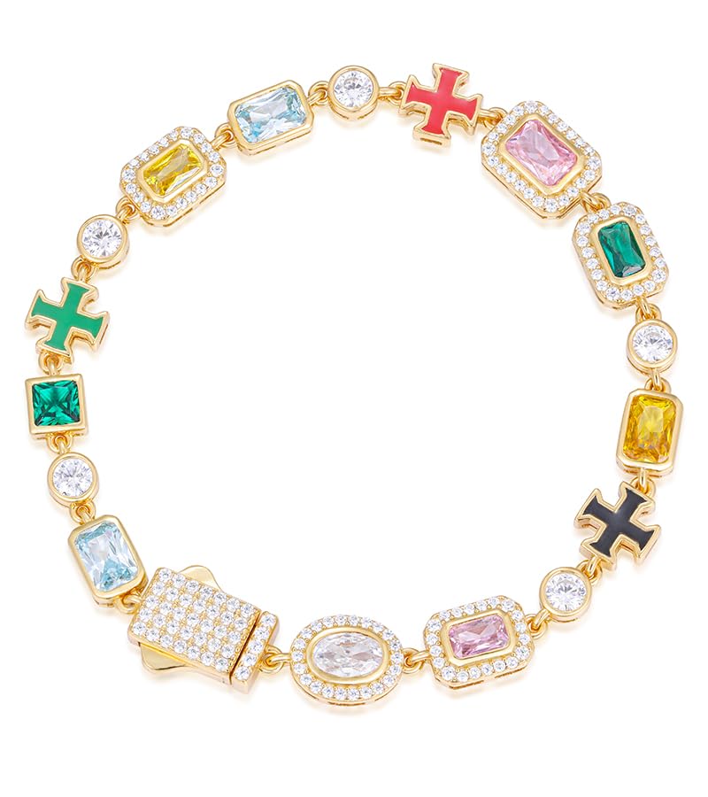 925 Sterling Silver Tennis Bracelet For Women Men 18K Gold Plated Colorful Gemstone Bracelet Multi-Color Cubic Zirconia Bracelets, Hypoallergenic, 7MM, 6.0-8.5Inches, Birthday Christmas Gift