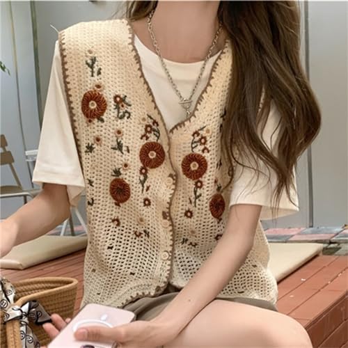 Womens Floral Print Sweater Vest Sleeveless V Neck Vintage Button Front Cardigan Crochet Crop Knit Vest Top4