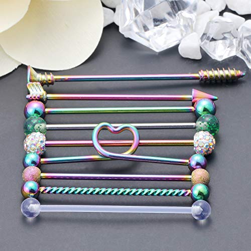 SCERRING 9PCS 14G Stainless Steel Industrial Barbell Cartilage Helix Conch Earring Body Piercing Jewelry 1 1/2Inch(38mm) Heart Arrow Screw Balls for Women Men3